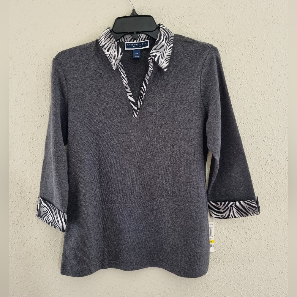 Karen Scott Gray V-Neck Sweater with Zebra Trim - Picture 8 of 8
